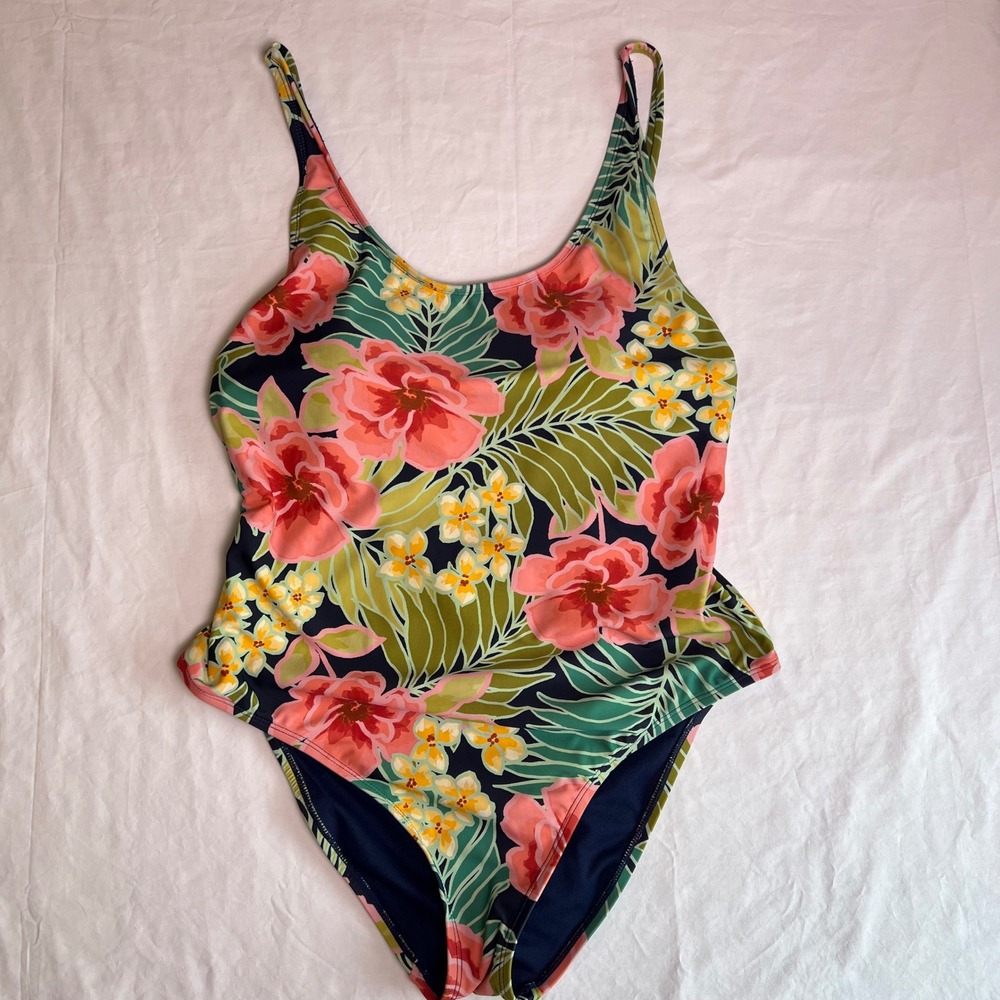 Hurley One Piece Swimsuit XL Navy Pink Tropical Floral Cutout Back Swimwear